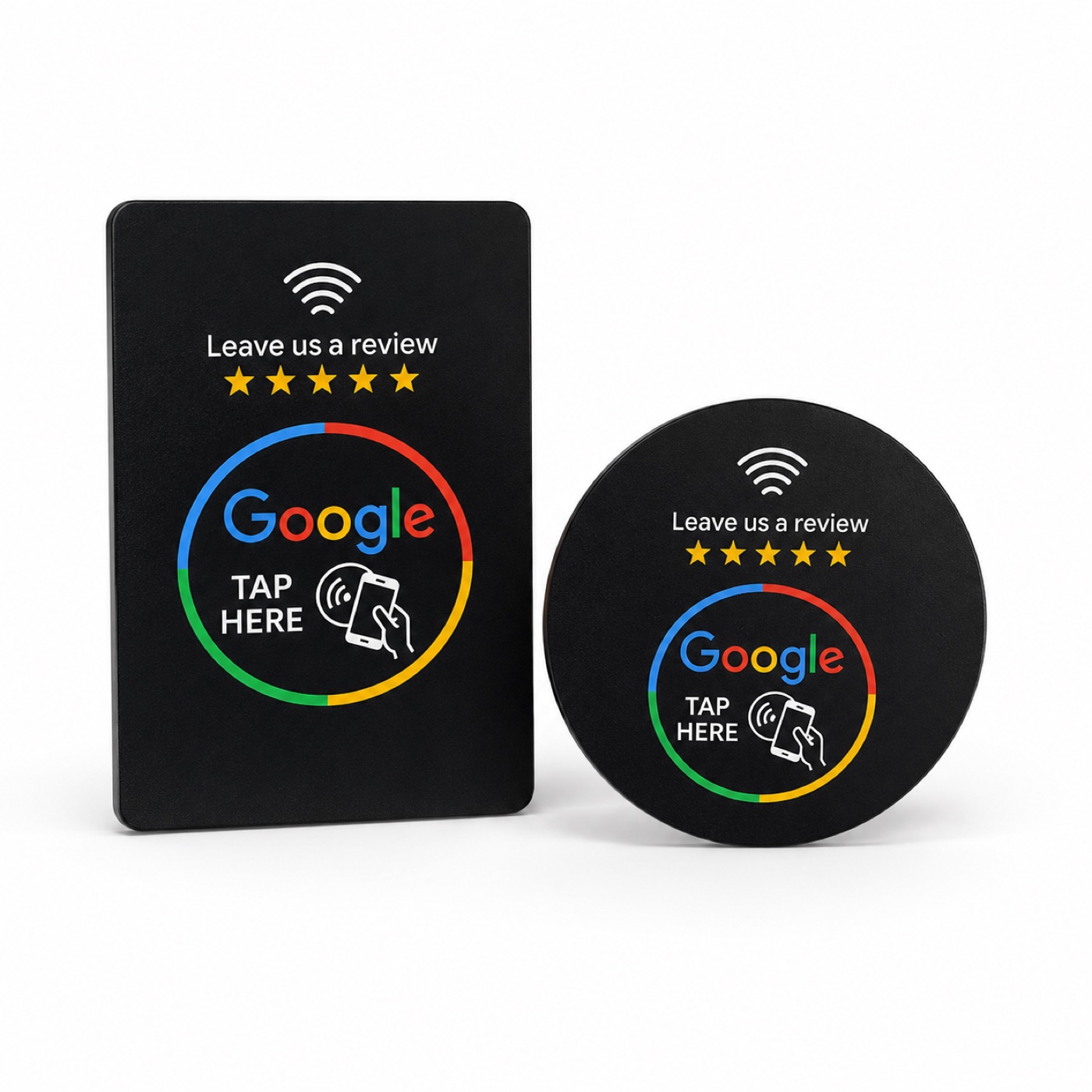 A review card and a round window tag together