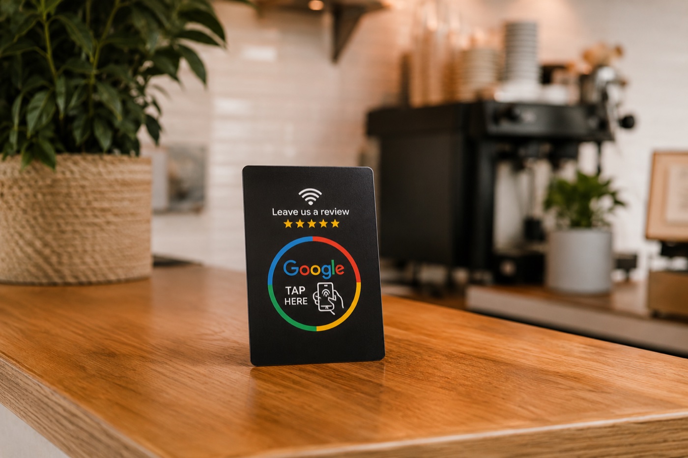 Google review NFC card standing on a shop counter