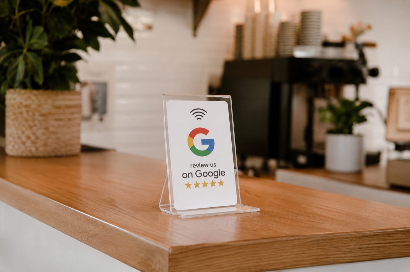 Clear acrylic stand holding a review card upright
