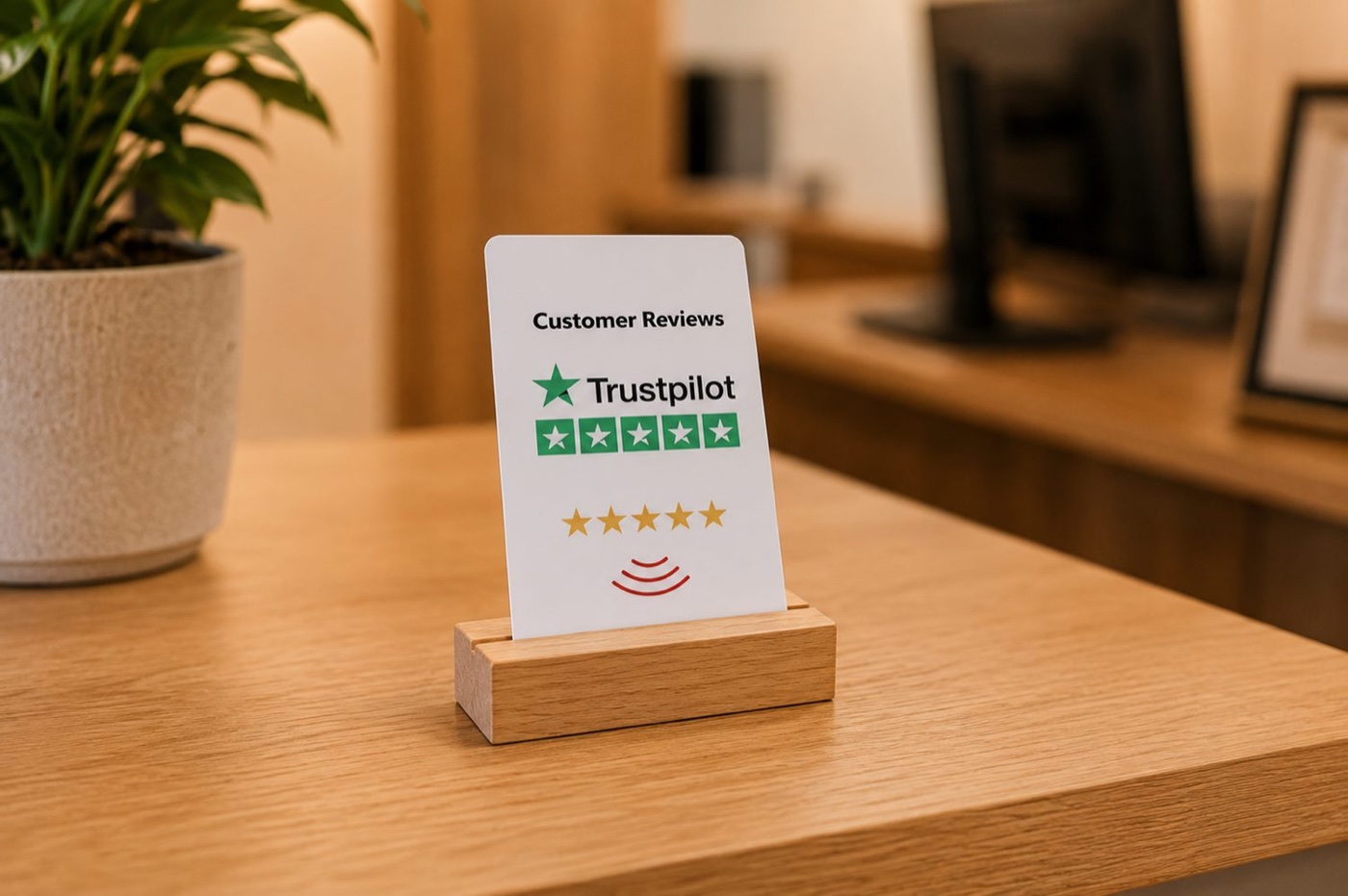 Wooden stand holding a review card