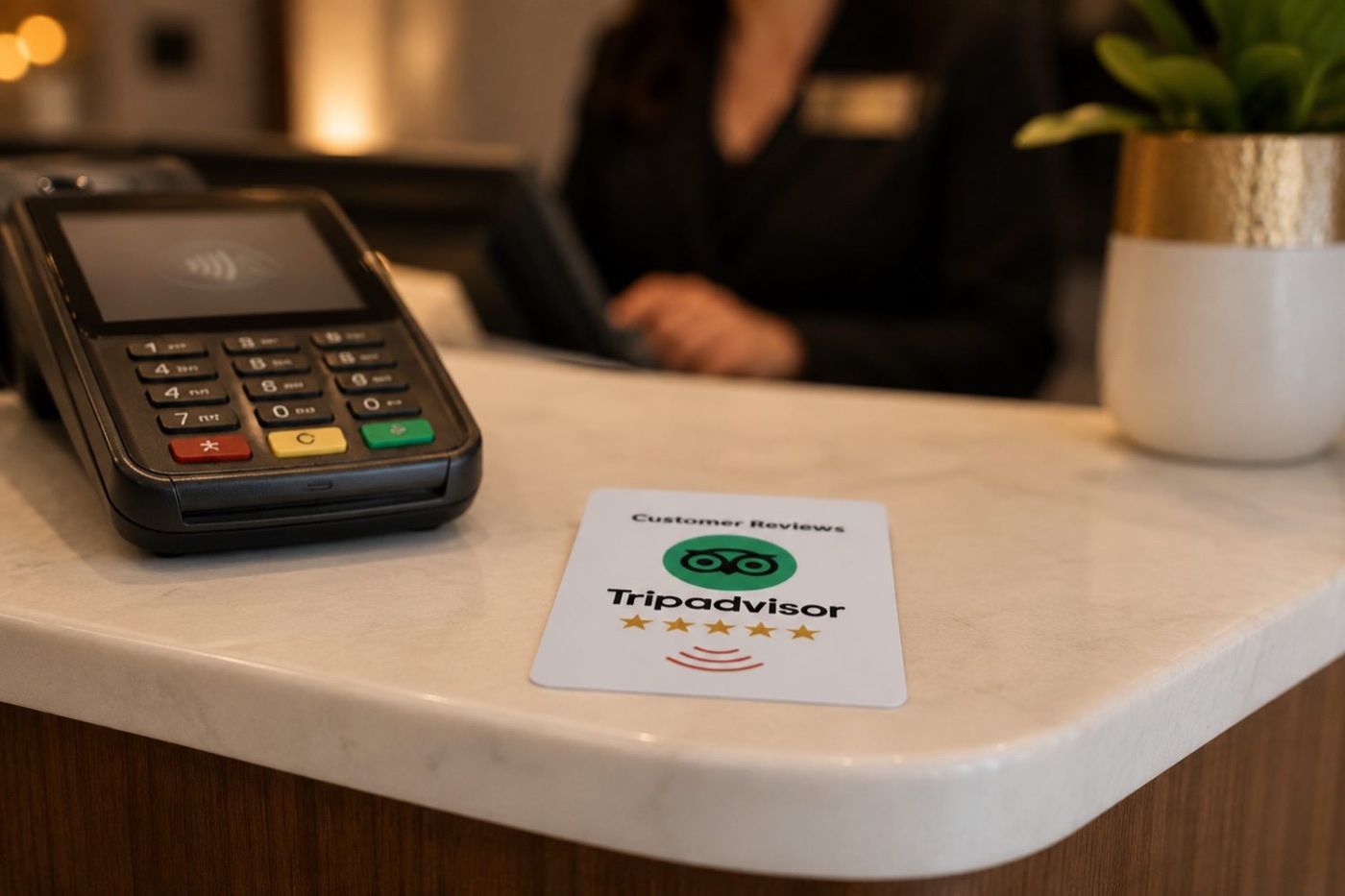 Tripadvisor review NFC card on a front desk