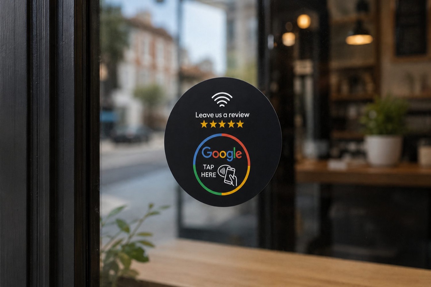 Round NFC review tag stuck to a shopfront window