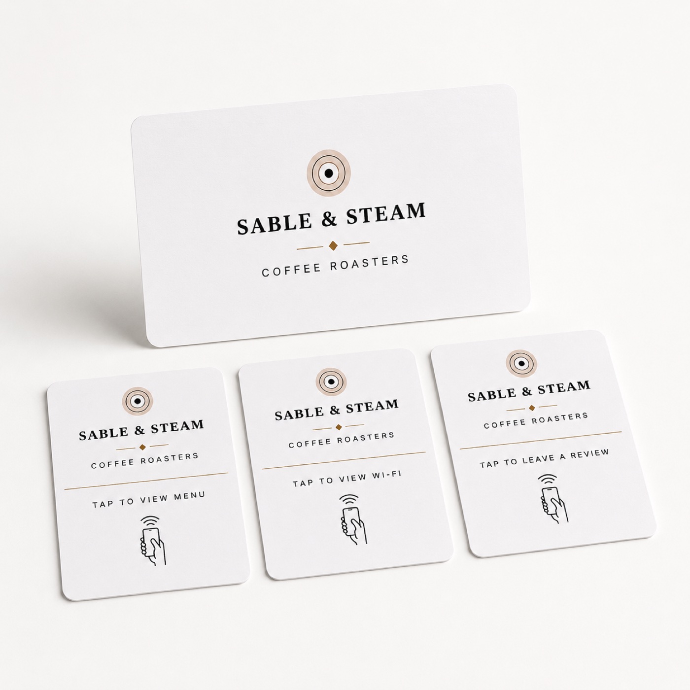 A W2Taps set: one full-size business card with three tap cards for menu, Wi-Fi and reviews