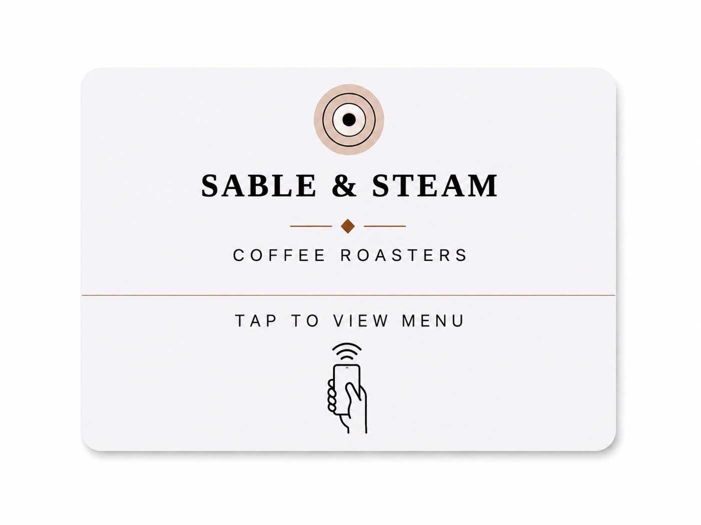 White NFC tap card reading Sable & Steam, Coffee Roasters, Tap to view menu
